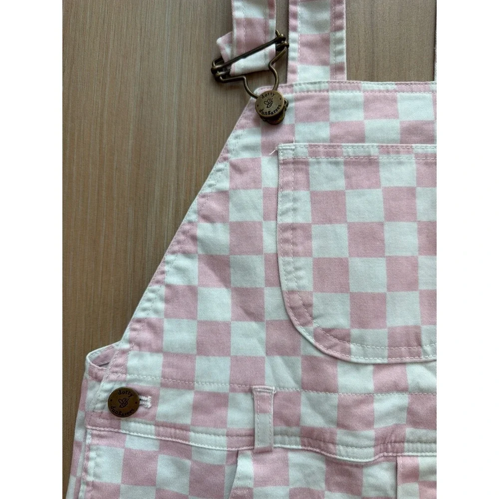 Dotty Dungarees Kids Pink White Checkered Overalls Shortalls Size 5-6 Years‎